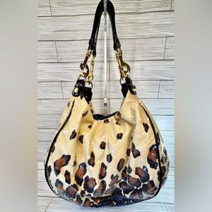 018- Betsey Johnson Animal Print Sequins Hobo Hand Bag in Black Cream & Browns